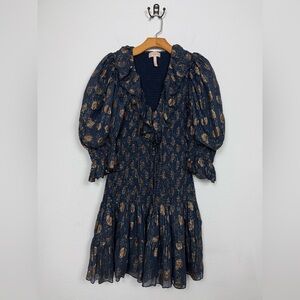 Verb by Pallavi Singhee Anthropologie Navy Blue Mini Smocked Puff Sleeve Dress